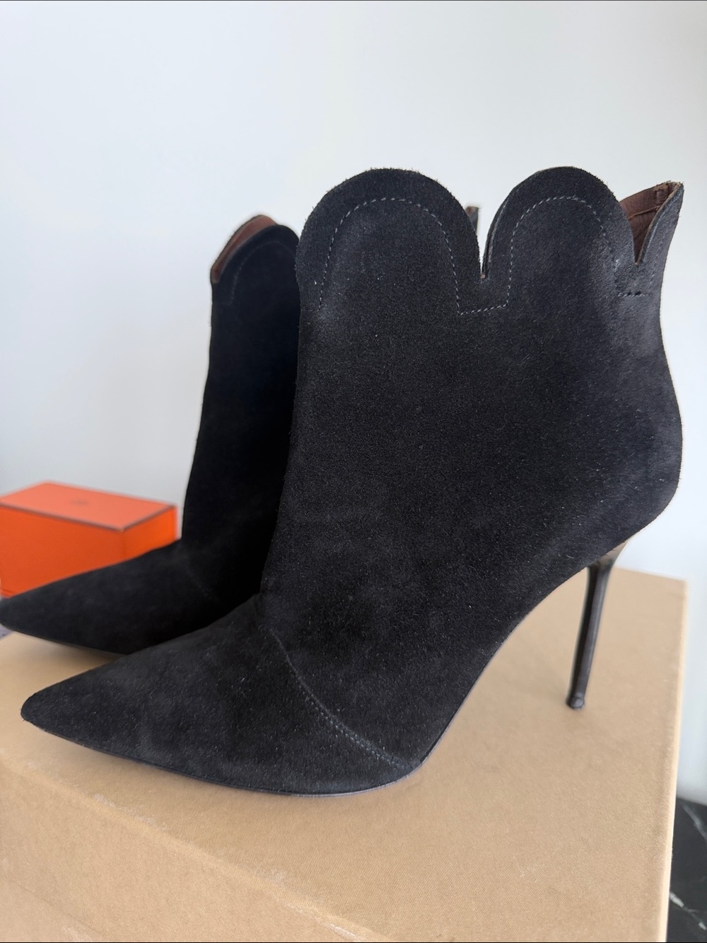 Burberry Black Suede Pointed-Toe Scallop Ankle Boots